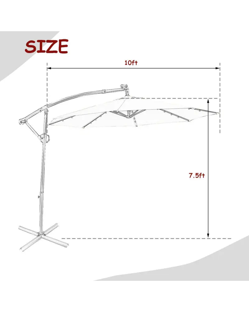 10 ft 360° Rotation Solar Powered LED Patio Offset Umbrella without Weight Base-Burgundy - Dark Red - Outdoor Umbrellas