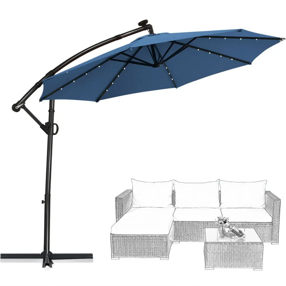 10 ft 360° Rotation Solar Powered LED Patio Offset Umbrella without Weight Base-Blue - Blue - Outdoor Umbrellas