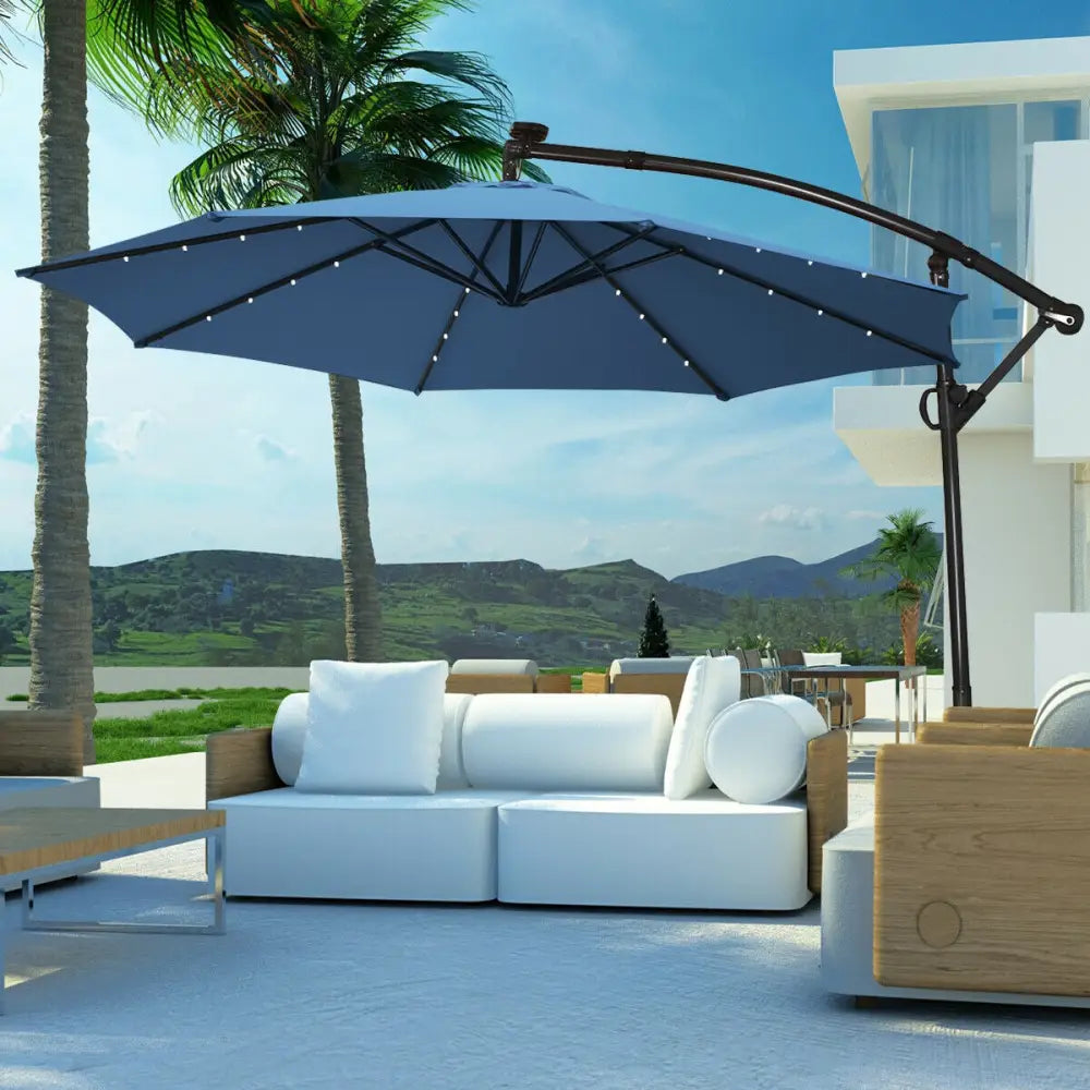 10 ft 360° Rotation Solar Powered LED Patio Offset Umbrella without Weight Base-Blue - Blue - Outdoor Umbrellas