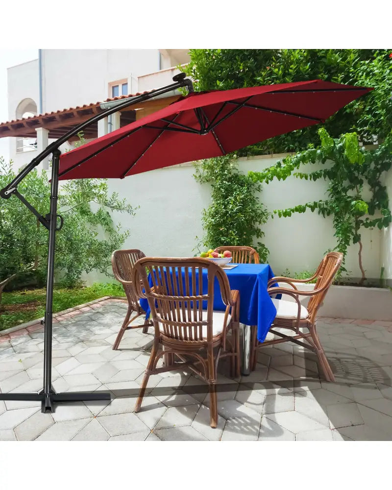 10 ft 360° Rotation Solar Powered LED Patio Offset Umbrella without Weight Base-Burgundy - Dark Red - Outdoor Umbrellas