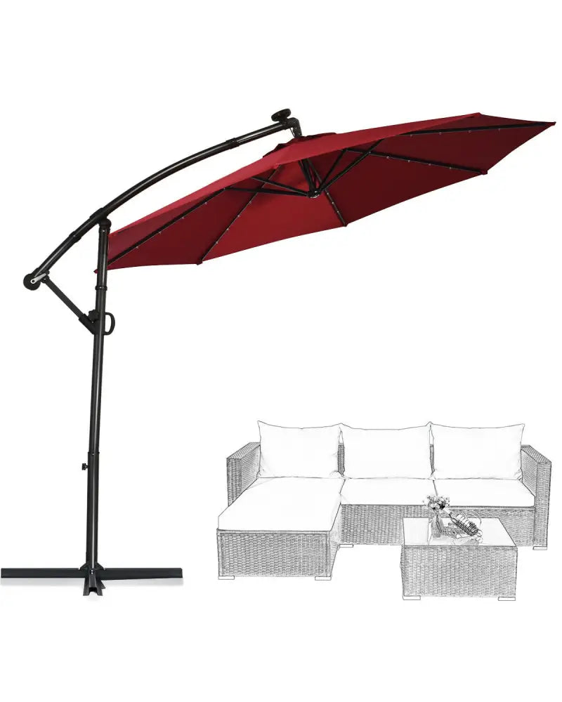 10 ft 360° Rotation Solar Powered LED Patio Offset Umbrella without Weight Base-Burgundy - Dark Red - Outdoor Umbrellas
