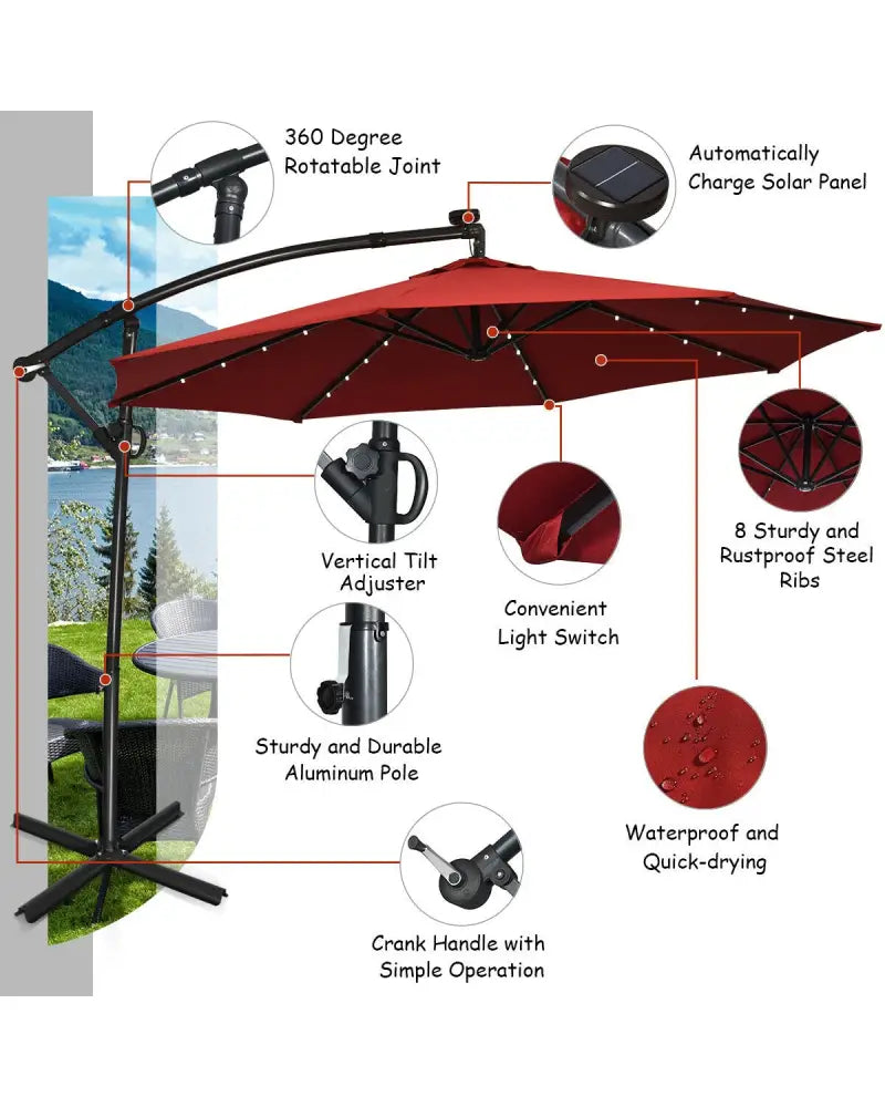 10 ft 360° Rotation Solar Powered LED Patio Offset Umbrella without Weight Base-Burgundy - Dark Red - Outdoor Umbrellas
