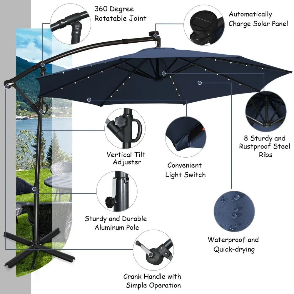 10 FT 360° Rotation Solar Powered LED Patio Offset Umbrella without Weight Base-Navy - Navy - Outdoor Umbrellas