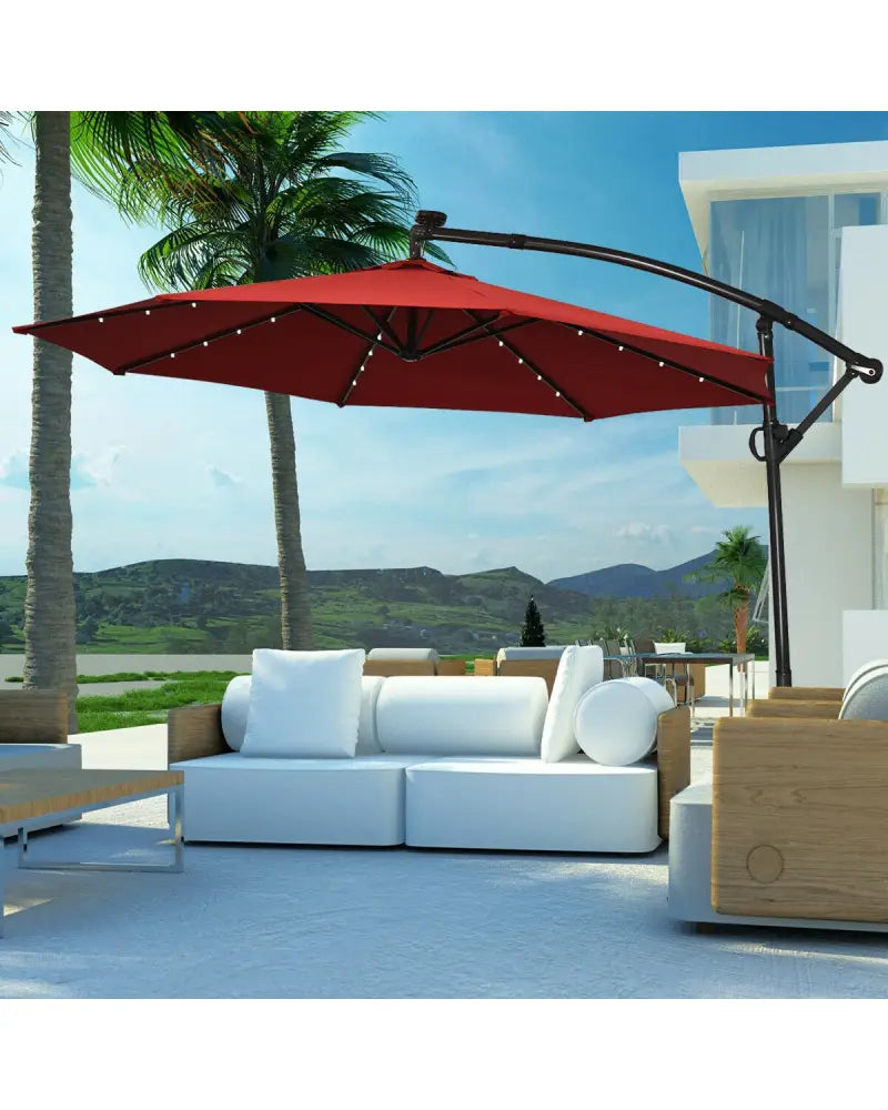 10 ft 360° Rotation Solar Powered LED Patio Offset Umbrella without Weight Base-Burgundy - Dark Red - Outdoor Umbrellas