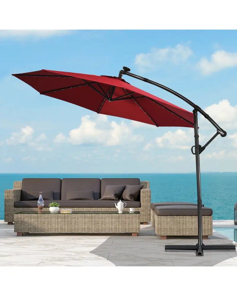 10 ft 360° Rotation Solar Powered LED Patio Offset Umbrella without Weight Base-Burgundy - Dark Red - Outdoor Umbrellas