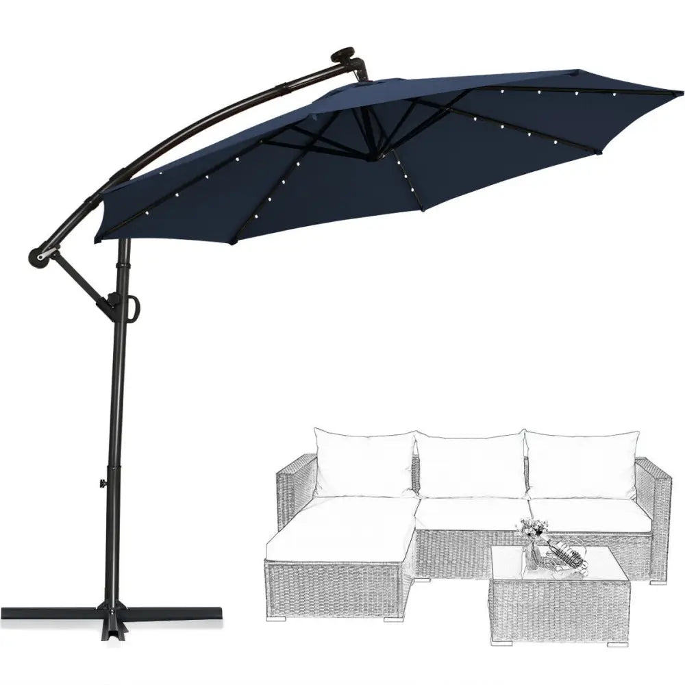 10 FT 360° Rotation Solar Powered LED Patio Offset Umbrella without Weight Base-Navy - Navy - Outdoor Umbrellas