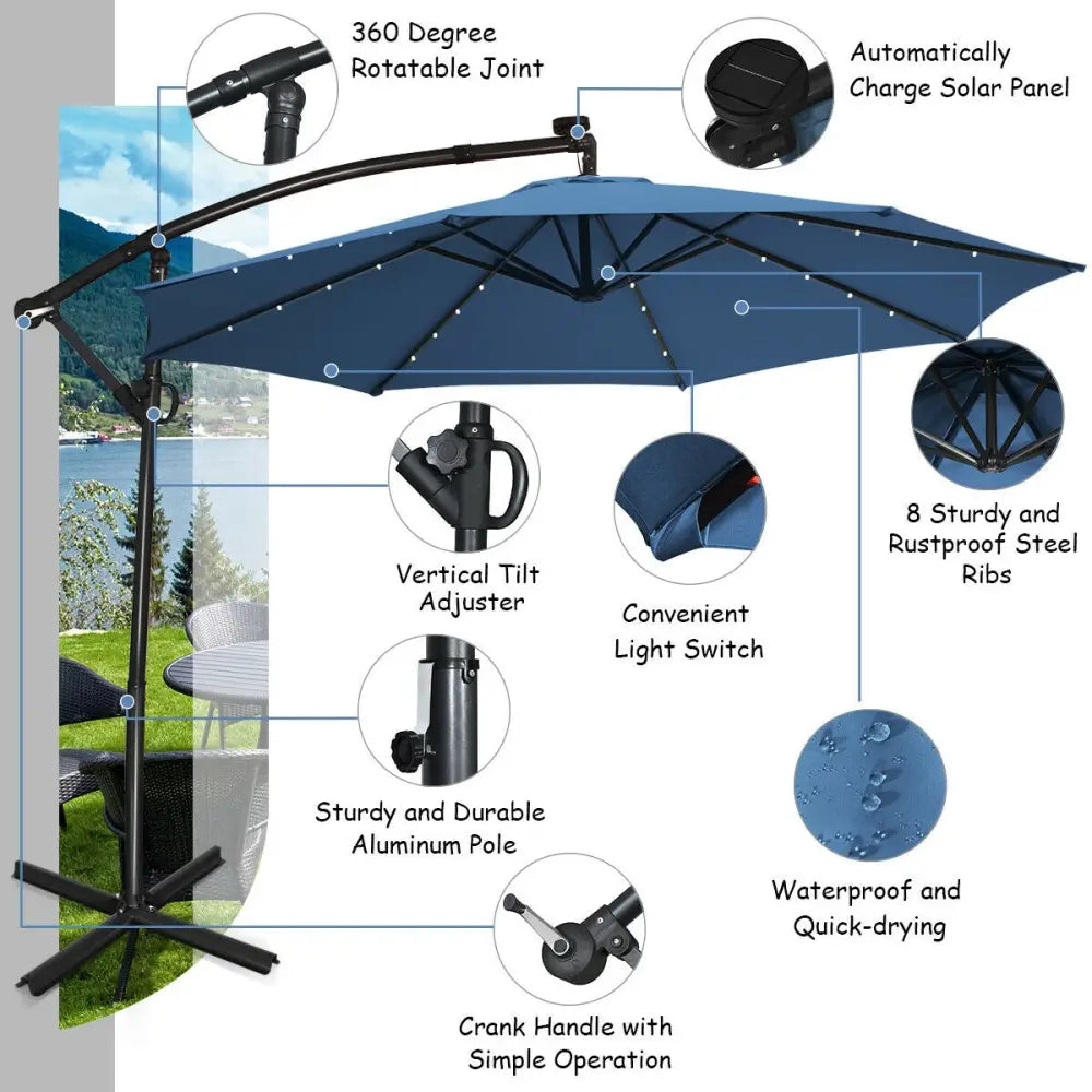 10 ft 360° Rotation Solar Powered LED Patio Offset Umbrella without Weight Base-Blue - Blue - Outdoor Umbrellas
