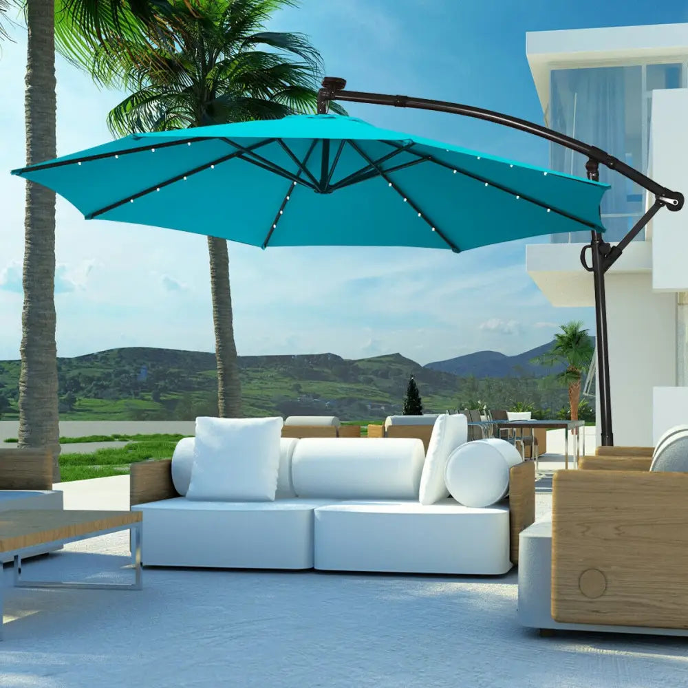 10 ft 360° Rotation Solar Powered LED Patio Offset Umbrella without Weight Base-Turquoise - Turquoise - Outdoor