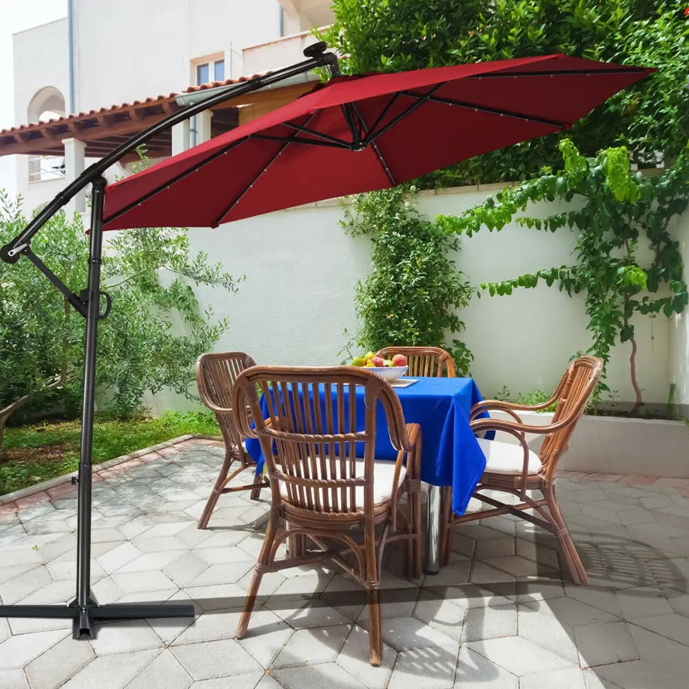 10 ft 360° Rotation Solar Powered LED Patio Offset Umbrella without Weight Base-Burgundy - Dark Red - Outdoor Umbrellas