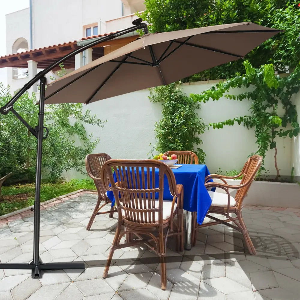 10 ft 360° Rotation Solar Powered LED Patio Offset Umbrella without Weight Base-Tan - Tan - Outdoor Umbrellas