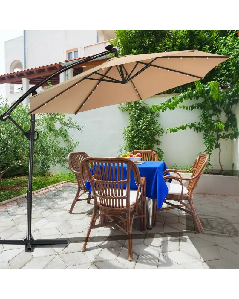 10 ft 360° Rotation Solar Powered LED Patio Offset Umbrella without Weight Base-Beige - Beige - Outdoor Umbrellas