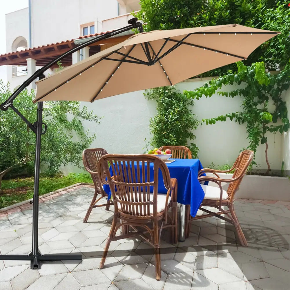 10 ft 360° Rotation Solar Powered LED Patio Offset Umbrella without Weight Base-Beige - Beige - Outdoor Umbrellas