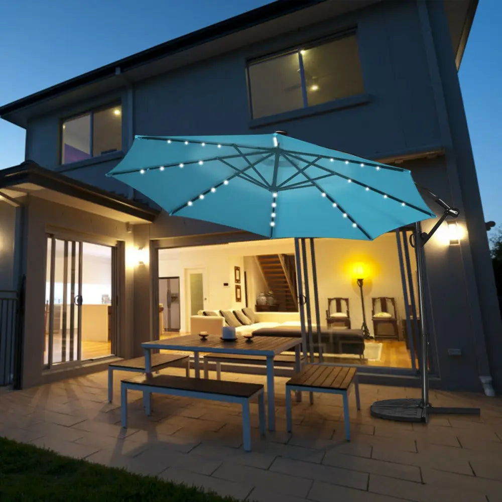 10 ft 360° Rotation Solar Powered LED Patio Offset Umbrella without Weight Base-Turquoise - Turquoise - Outdoor