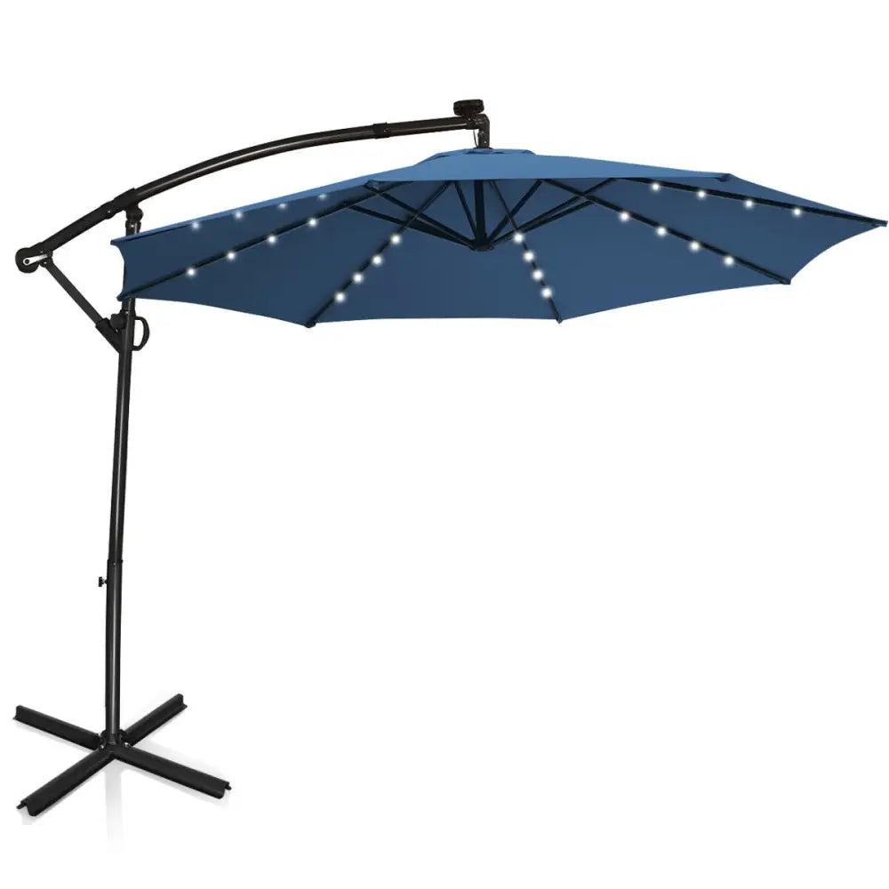 10 ft 360° Rotation Solar Powered LED Patio Offset Umbrella without Weight Base-Blue - Blue - Outdoor Umbrellas