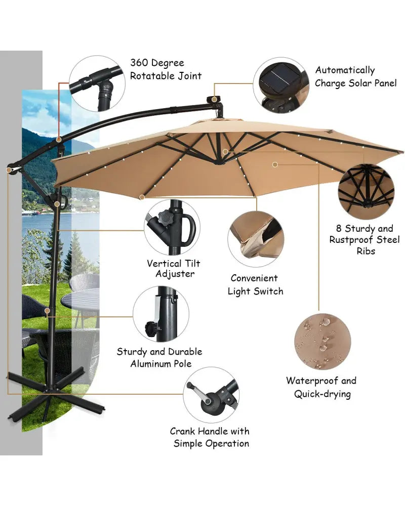 10 ft 360° Rotation Solar Powered LED Patio Offset Umbrella without Weight Base-Beige - Beige - Outdoor Umbrellas