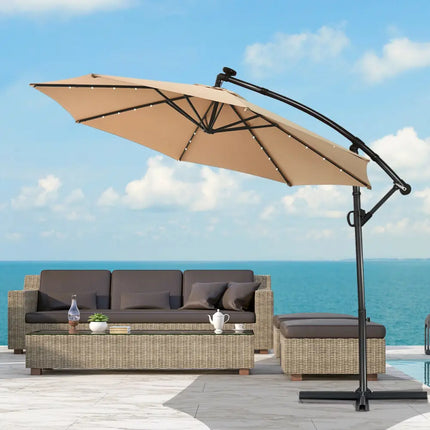 10 ft 360° Rotation Solar Powered LED Patio Offset Umbrella without Weight Base-Beige - Beige - Outdoor Umbrellas