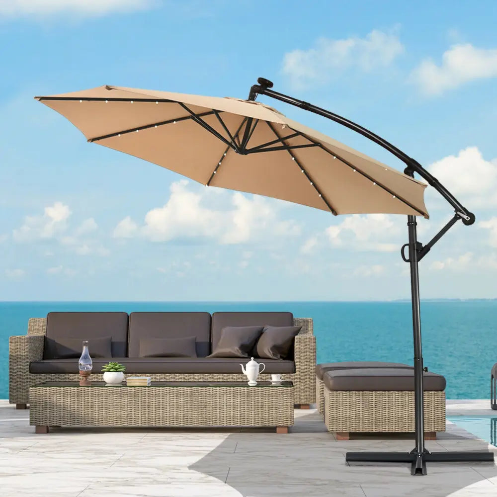 10 ft 360° Rotation Solar Powered LED Patio Offset Umbrella without Weight Base-Beige - Beige - Outdoor Umbrellas