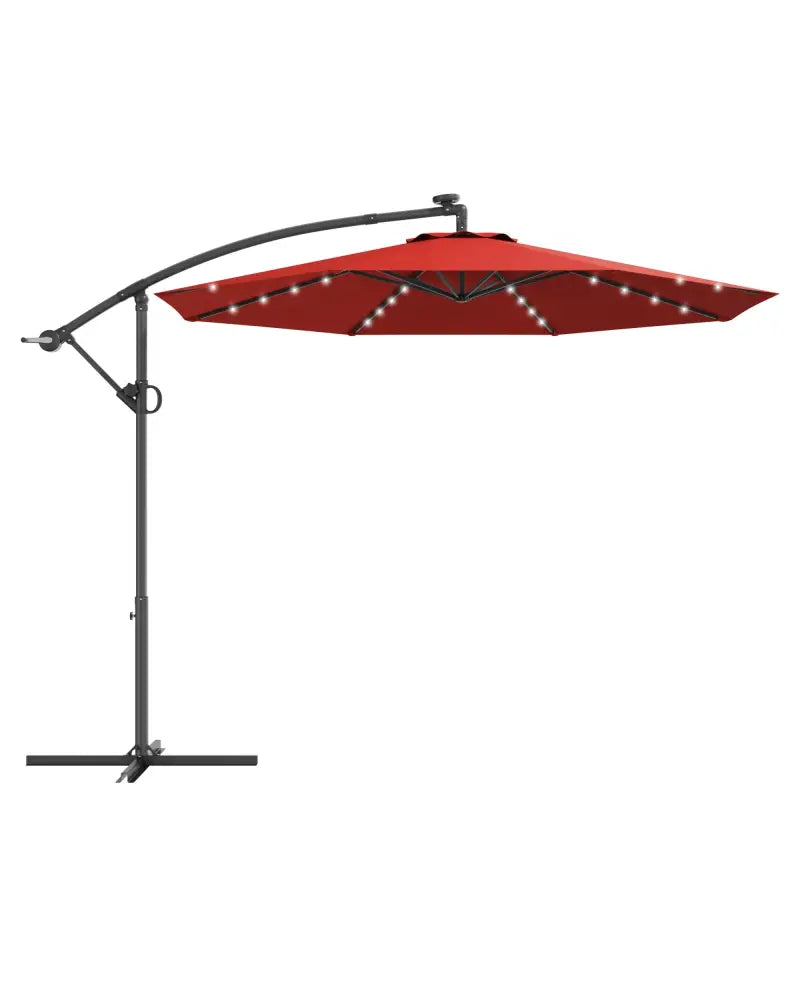 10 ft 360° Rotation Solar Powered LED Patio Offset Umbrella without Weight Base-Burgundy - Dark Red - Outdoor Umbrellas