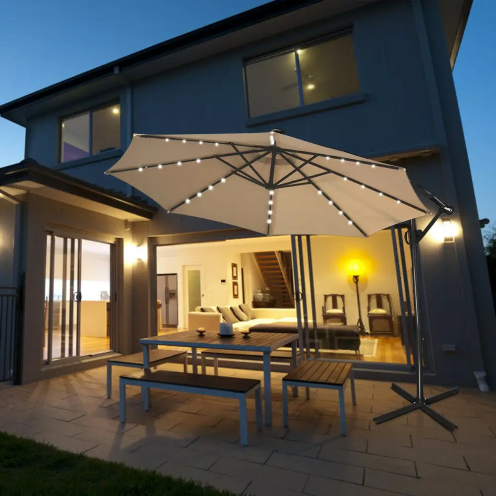 10 ft 360° Rotation Solar Powered LED Patio Offset Umbrella without Weight Base-Beige - Beige - Outdoor Umbrellas