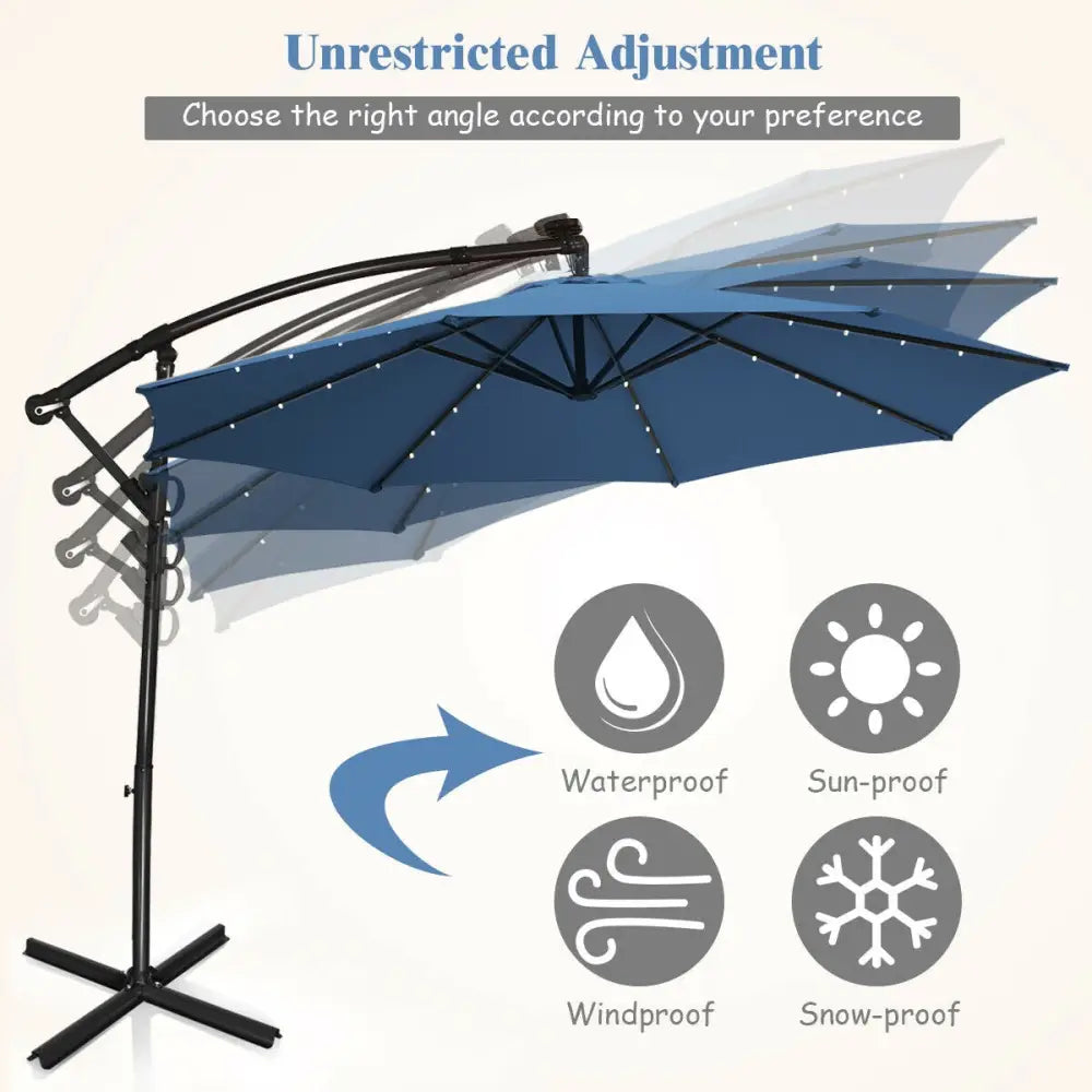10 ft 360° Rotation Solar Powered LED Patio Offset Umbrella without Weight Base-Blue - Blue - Outdoor Umbrellas