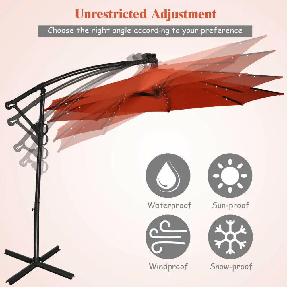 10 ft 360° Rotation Solar Powered LED Patio Offset Umbrella without Weight Base-Orange - Orange - Outdoor Umbrellas