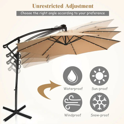 10 ft 360° Rotation Solar Powered LED Patio Offset Umbrella without Weight Base-Beige - Beige - Outdoor Umbrellas