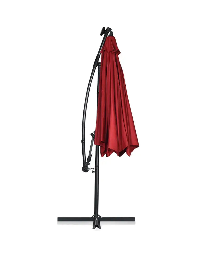 10 ft 360° Rotation Solar Powered LED Patio Offset Umbrella without Weight Base-Burgundy - Dark Red - Outdoor Umbrellas