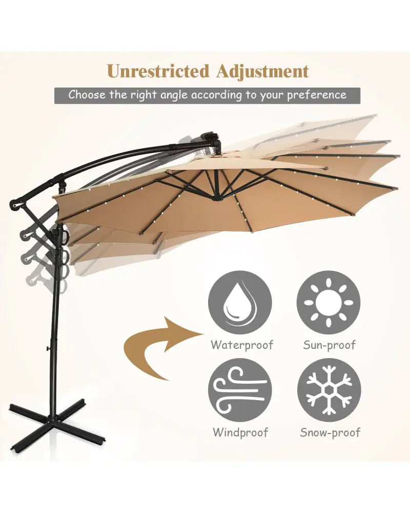 10 ft 360° Rotation Solar Powered LED Patio Offset Umbrella without Weight Base-Beige - Beige - Outdoor Umbrellas