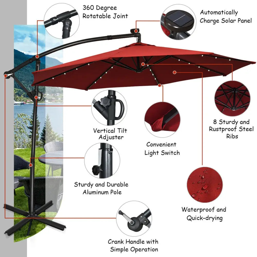 10 ft 360° Rotation Solar Powered LED Patio Offset Umbrella without Weight Base-Burgundy - Dark Red - Outdoor Umbrellas