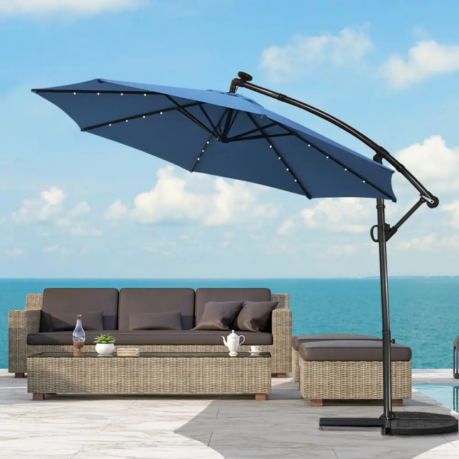 10 ft 360° Rotation Solar Powered LED Patio Offset Umbrella without Weight Base-Blue - Blue - Outdoor Umbrellas