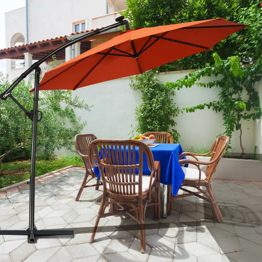 10 ft 360° Rotation Solar Powered LED Patio Offset Umbrella without Weight Base-Orange - Orange - Outdoor Umbrellas