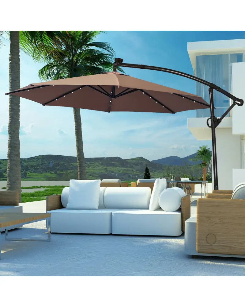 10 ft 360° Rotation Solar Powered LED Patio Offset Umbrella without Weight Base-Tan - Tan - Outdoor Umbrellas