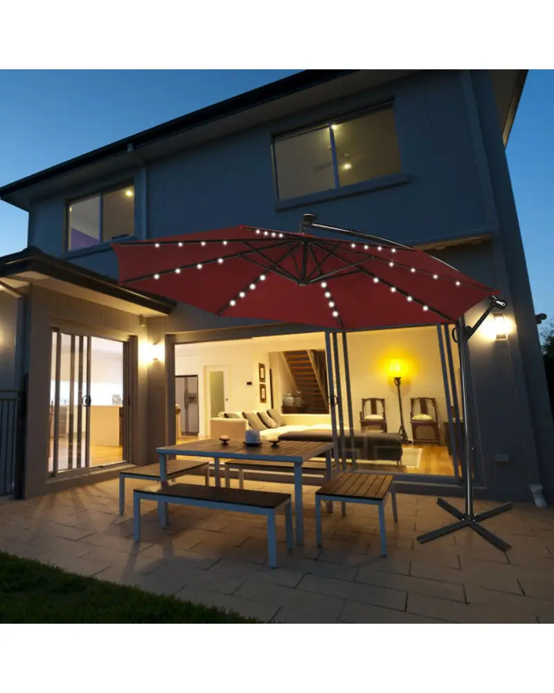 10 ft 360° Rotation Solar Powered LED Patio Offset Umbrella without Weight Base-Burgundy - Dark Red - Outdoor Umbrellas