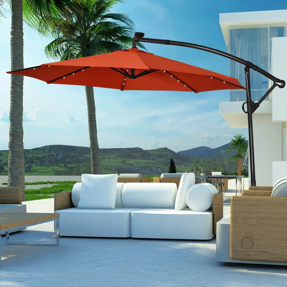 10 ft 360° Rotation Solar Powered LED Patio Offset Umbrella without Weight Base-Orange - Orange - Outdoor Umbrellas