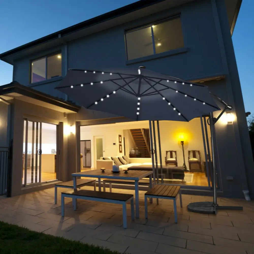 10 FT 360° Rotation Solar Powered LED Patio Offset Umbrella without Weight Base-Navy - Navy - Outdoor Umbrellas