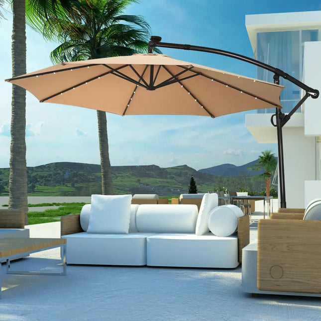 10 ft 360° Rotation Solar Powered LED Patio Offset Umbrella without Weight Base-Beige - Beige - Outdoor Umbrellas