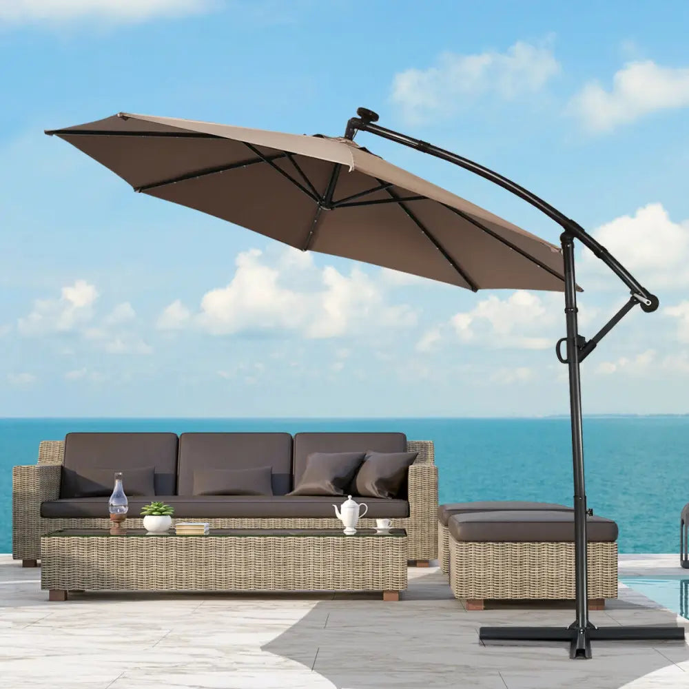 10 ft 360° Rotation Solar Powered LED Patio Offset Umbrella without Weight Base-Tan - Tan - Outdoor Umbrellas