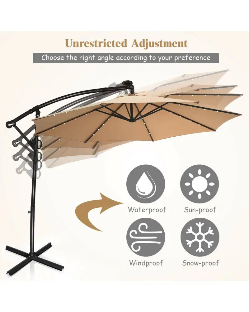 10 ft 360Â° Rotation Solar Powered LED Patio Offset Umbrella without Weight Base-Beige - Beige - Outdoor Umbrellas