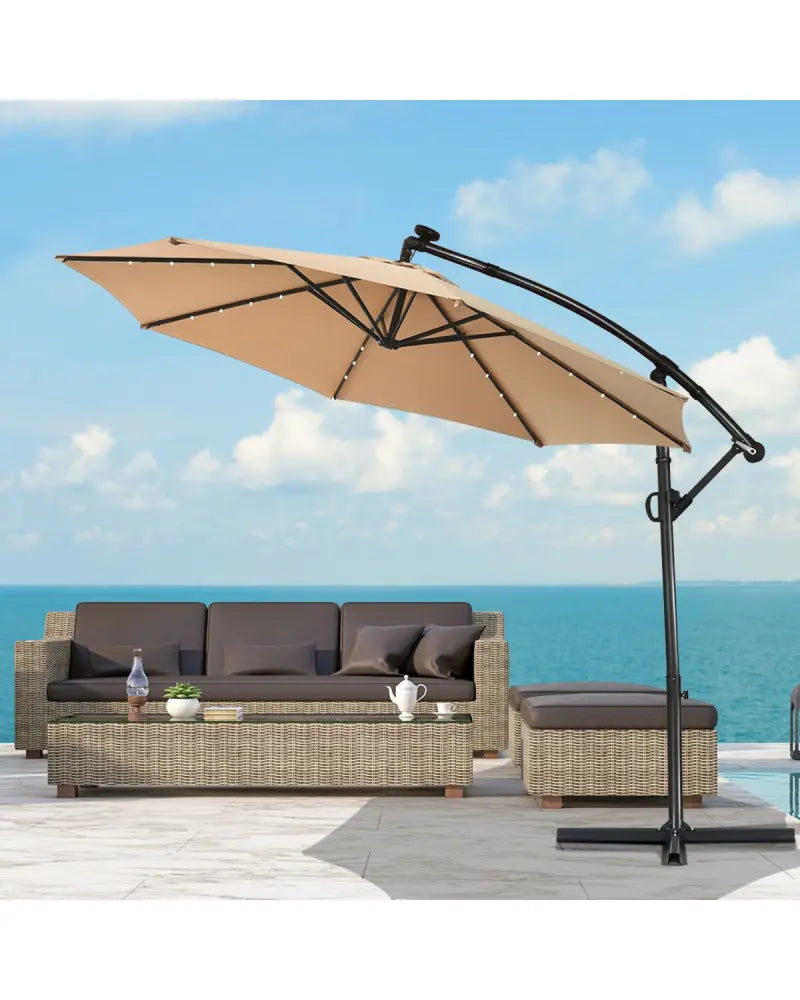 10 ft 360Â° Rotation Solar Powered LED Patio Offset Umbrella without Weight Base-Beige - Beige - Outdoor Umbrellas
