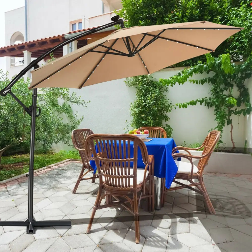10 ft 360Â° Rotation Solar Powered LED Patio Offset Umbrella without Weight Base-Beige - Beige - Outdoor Umbrellas