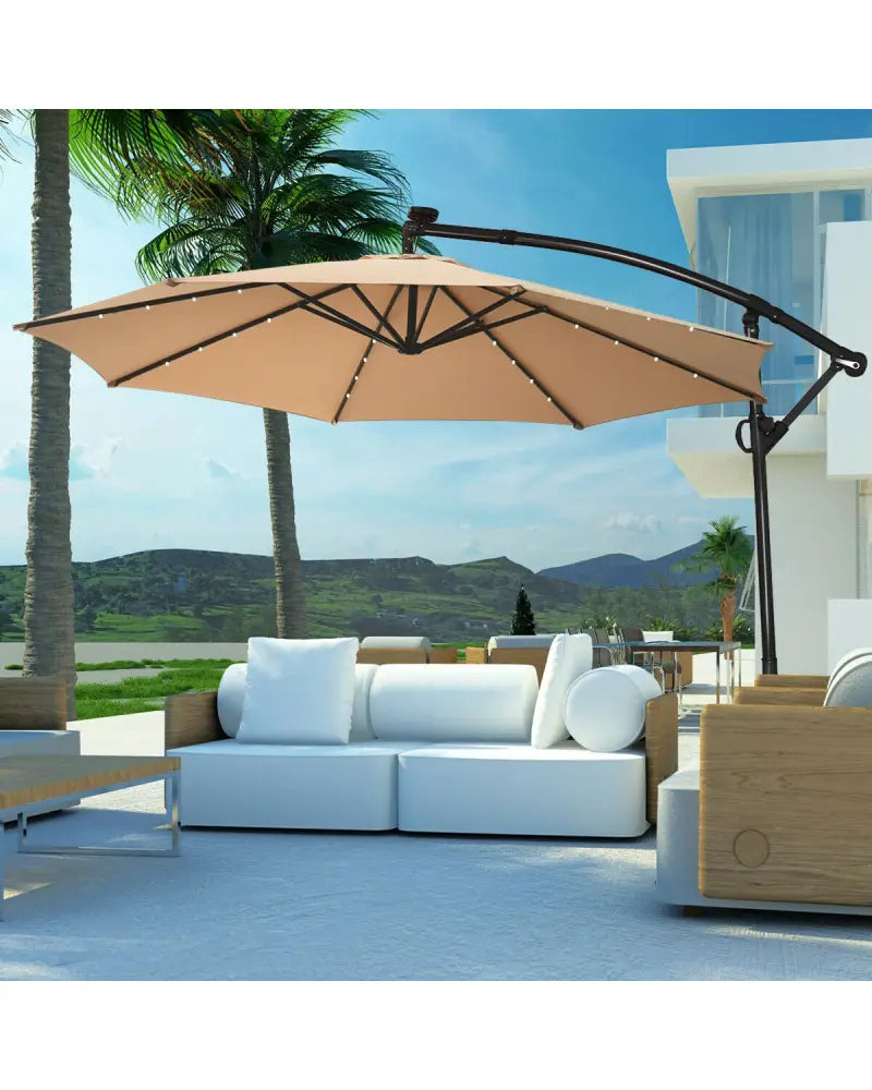 10 ft 360Â° Rotation Solar Powered LED Patio Offset Umbrella without Weight Base-Beige - Beige - Outdoor Umbrellas