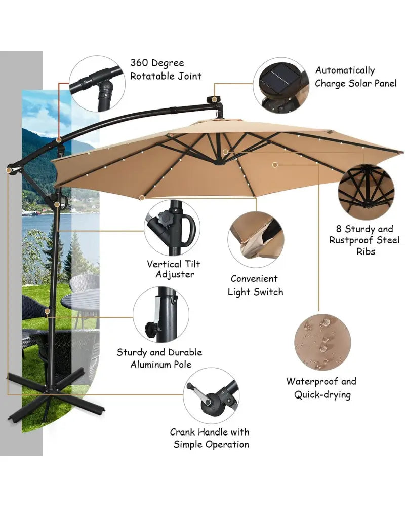 10 ft 360Â° Rotation Solar Powered LED Patio Offset Umbrella without Weight Base-Beige - Beige - Outdoor Umbrellas