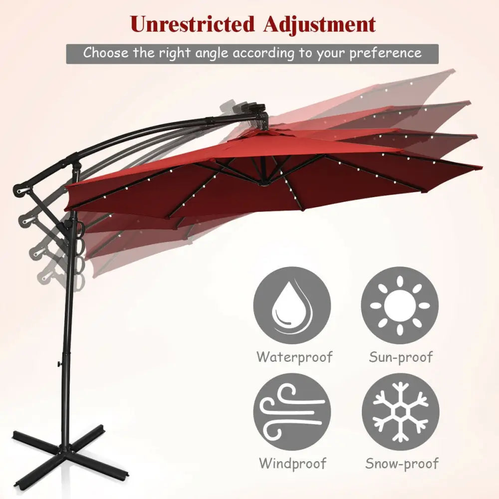 10 ft 360Â° Rotation Solar Powered LED Patio Offset Umbrella without Weight Base-Burgundy - Dark Red - Outdoor Umbrellas