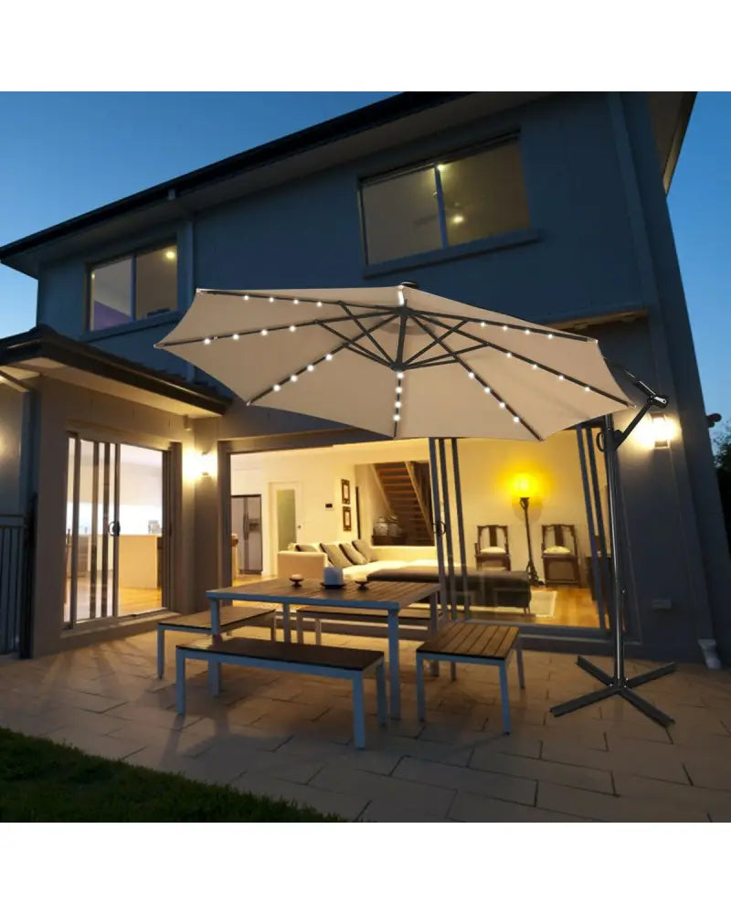 10 ft 360Â° Rotation Solar Powered LED Patio Offset Umbrella without Weight Base-Beige - Beige - Outdoor Umbrellas
