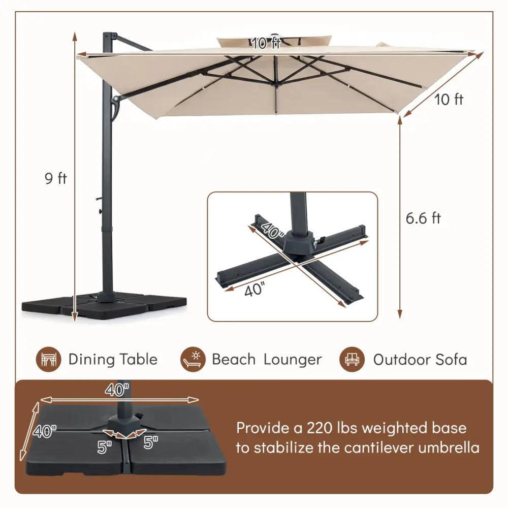 10 FT Aluminum Pole Patio Cantilever Umbrella with 220 LBS Base-Beige - Beige - Outdoor Umbrellas