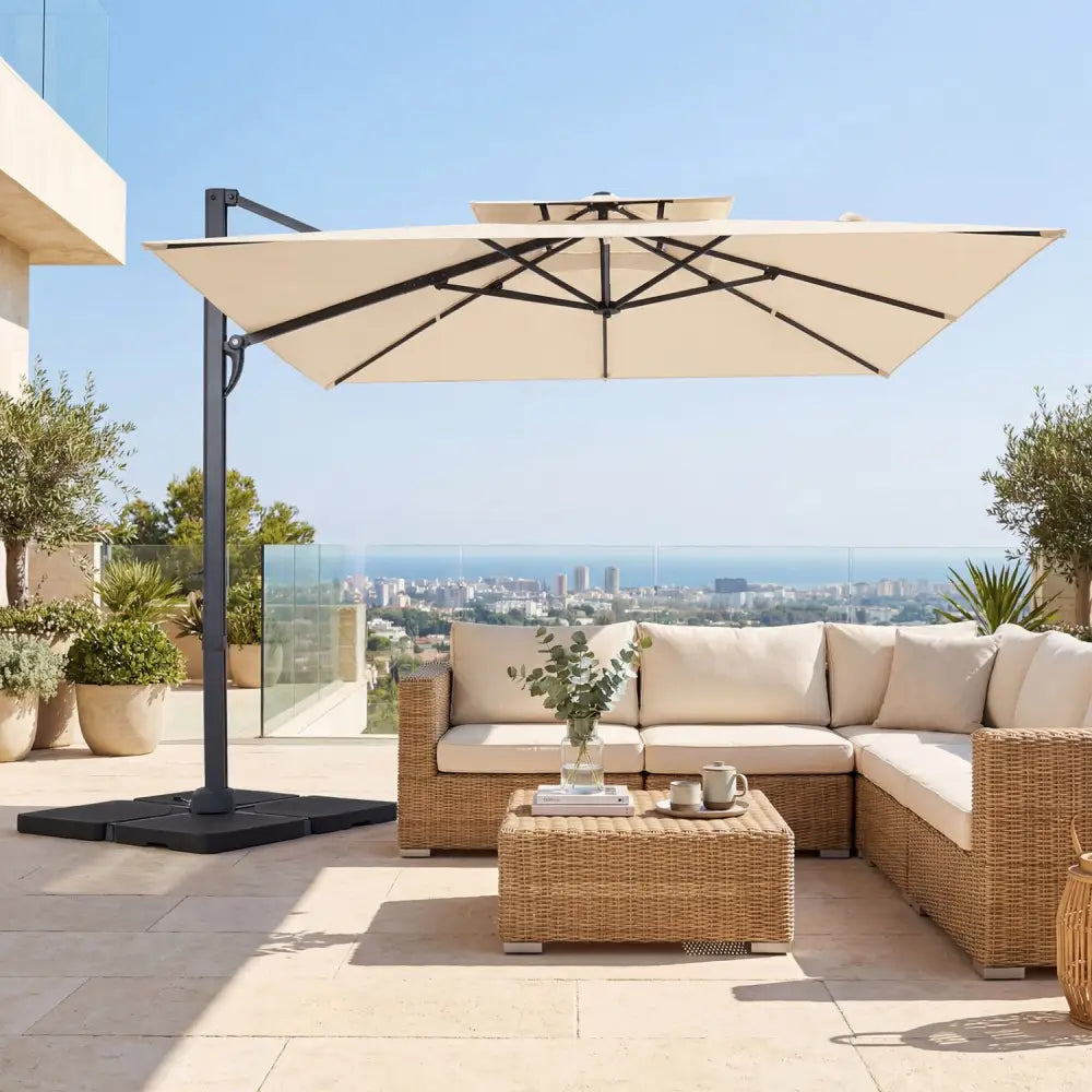10 FT Aluminum Pole Patio Cantilever Umbrella with 220 LBS Base-Beige - Beige - Outdoor Umbrellas