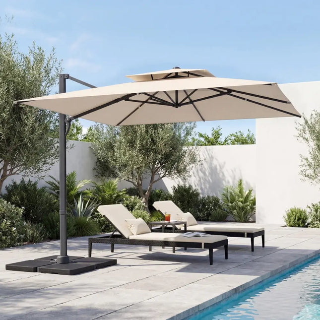 10 FT Aluminum Pole Patio Cantilever Umbrella with 220 LBS Base-Beige - Beige - Outdoor Umbrellas