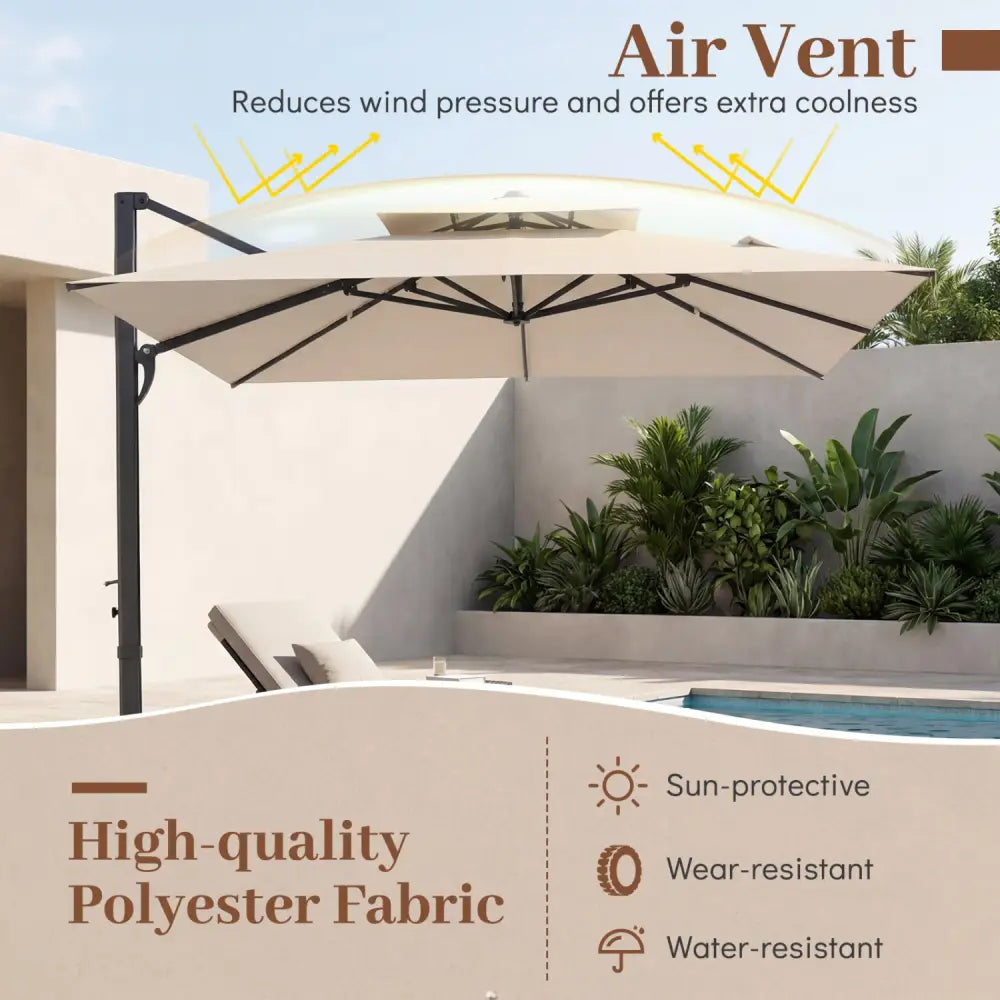 10 FT Aluminum Pole Patio Cantilever Umbrella with 220 LBS Base-Beige - Beige - Outdoor Umbrellas