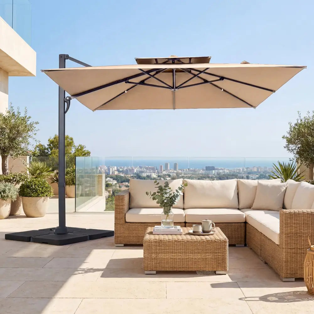 10 FT Aluminum Pole Patio Cantilever Umbrella with 220 LBS Base-Brown - Brown - Outdoor Umbrellas
