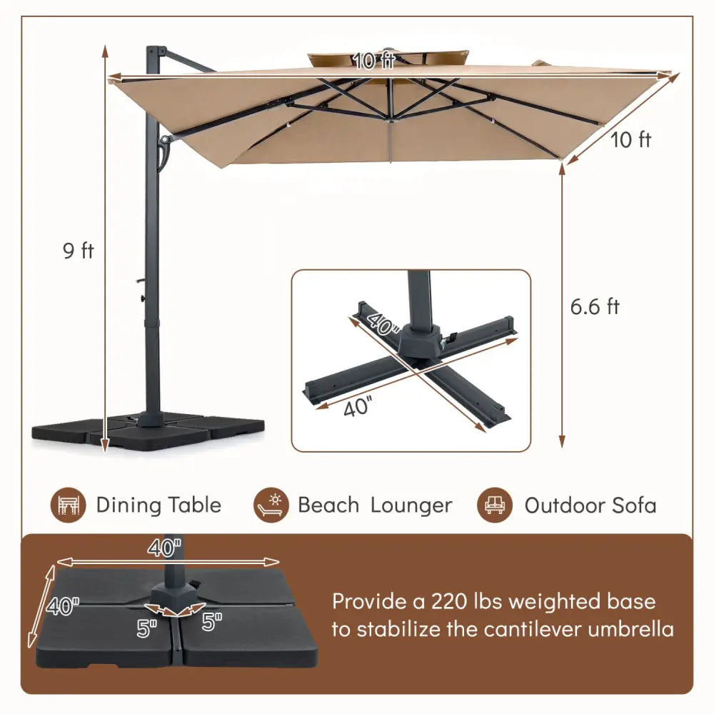 10 FT Aluminum Pole Patio Cantilever Umbrella with 220 LBS Base-Brown - Brown - Outdoor Umbrellas